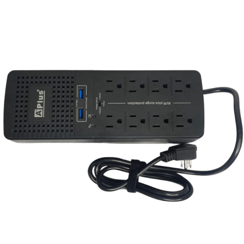 Regulador De Voltaje A+PLUS PS2-2200 2200va 8 Tomas Nema 5-15R 120VAC 2 Puertos USB