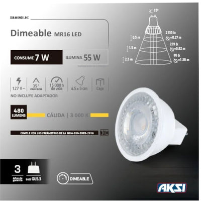 Foco LED Regulable MR16 7W Luz Cálida 127 Aksi-123223