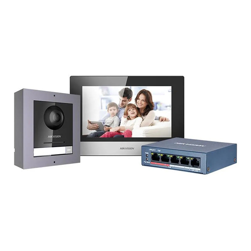 Kit De Video Portero HIKVISION IP 2Mp Con Switch 5 Puertos POE Micro SD 16GB IP65