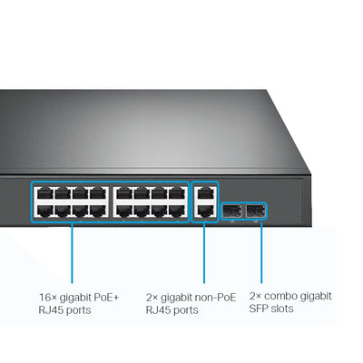 Switch TPLINK 18 Puertos Gigabit con 16 POE+ y 2 SFP No Gestionado