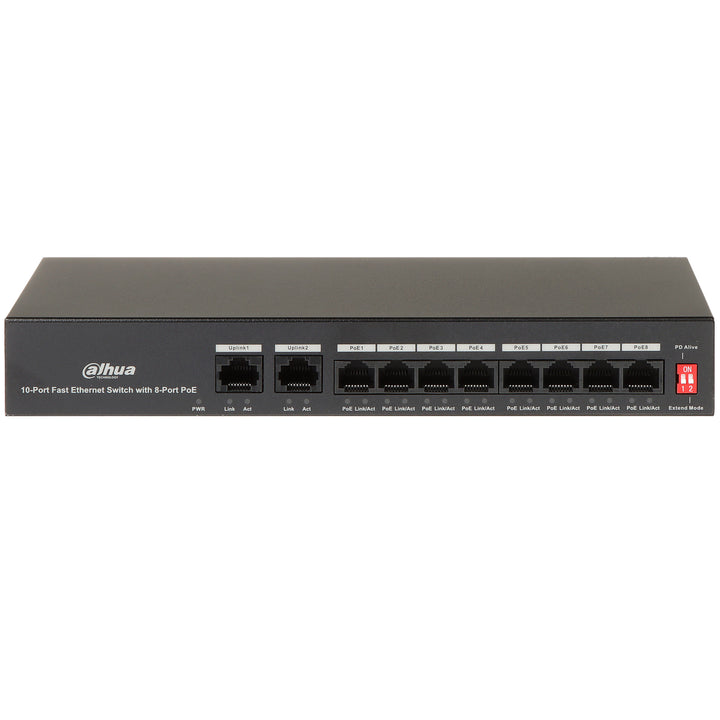 Switch de Red Dahua PFS3010-8ET-65 con 10 Puertos PoE y Transmisión Extendida hasta 250 m