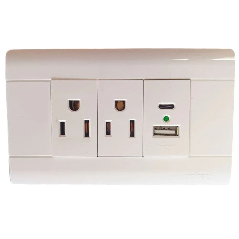 Toma Corriente UNITEC Doble Con Puertos USB-C Color Blanco