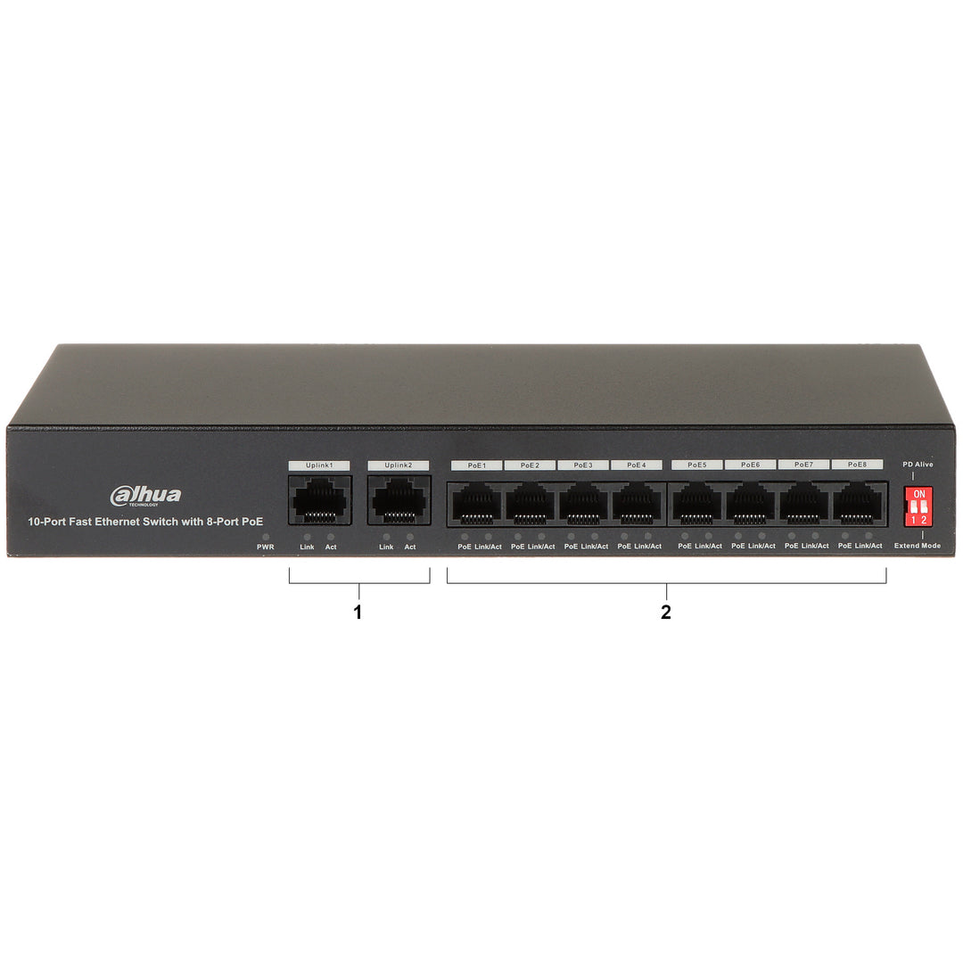 Switch de Red Dahua PFS3010-8ET-65 con 10 Puertos PoE y Transmisión Extendida hasta 250 m