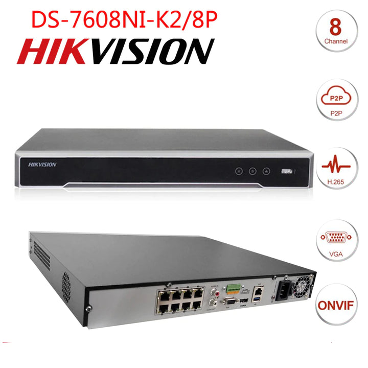 NVR Hikvision Canales PoE 4K 1080P DS-7608NI-K2/8P con Puertos