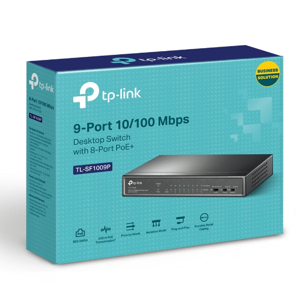 Switch Ethernet PoE TP-Link de 9 Puertos 10/100 Mbps TL-SF1009P con Alimentación y Transmisión Mejorada